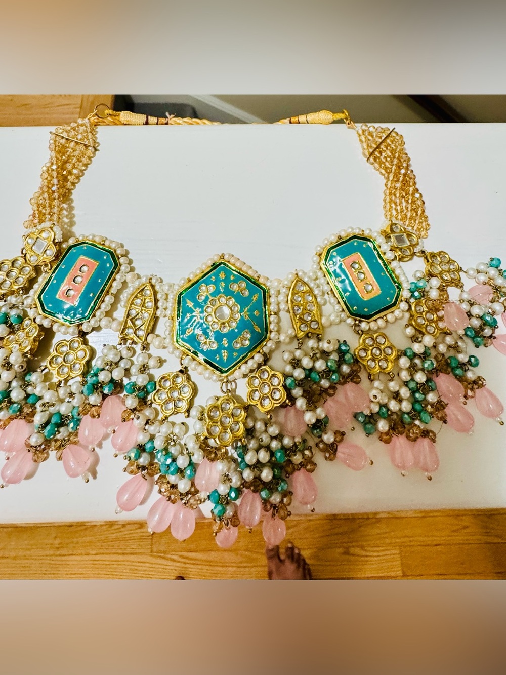 Elegant Gold-Tone Necklace with Teal and Pink Bead Accents